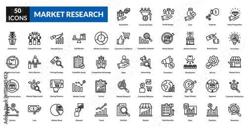Market research line icon collection set. Includes analysis, survey, data, consumer, trends, insights, competitor, demographics, metrics, behavior, forecast, statistics, opportunity, strategy