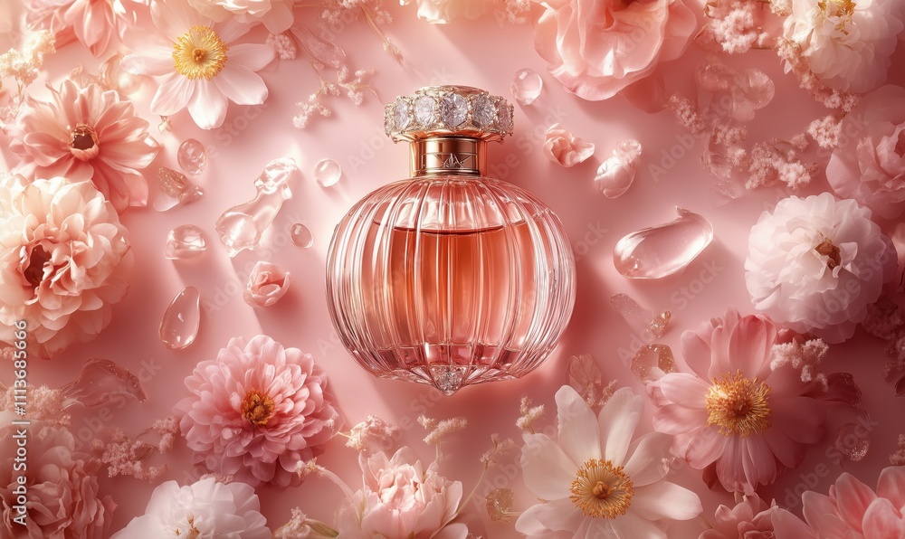 Elegant perfume bottle surrounded by pink flowers, delicate petals, and sparkling droplets, creating a romantic and luxurious atmosphere. Elegant perfume bottle surrounded by pink flowers, delicate petals, and sparkling droplets, creating a romantic and luxurious atmosphere.