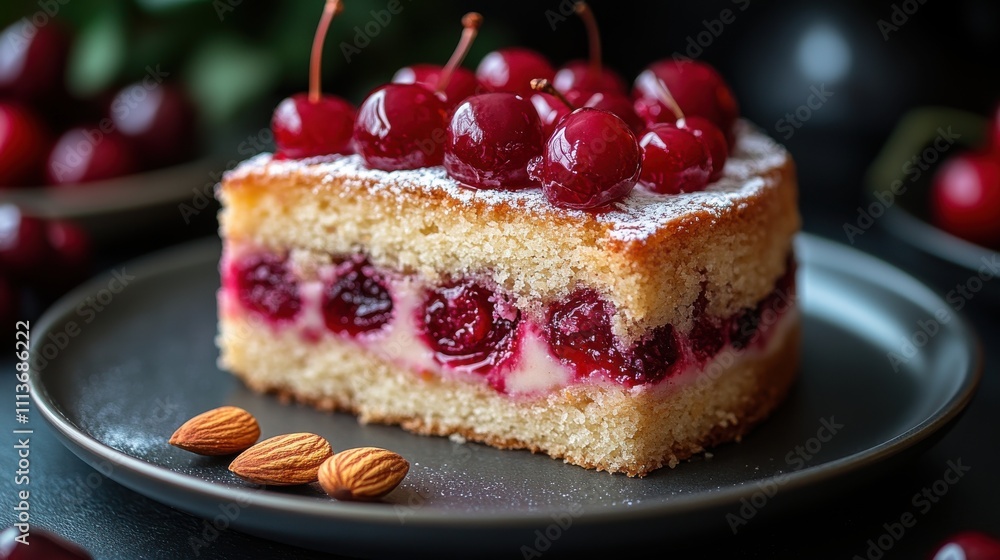 a slice of cake with cherries and almonds a slice of cake with cherries and almonds