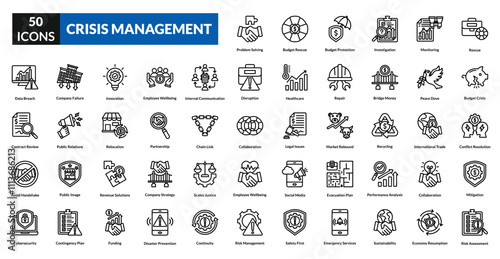 Crisis management line icon collection set. Includes emergency, risk, recovery, planning, strategy, communication, preparation, resilience, mitigation, leadership, response, evaluation, security