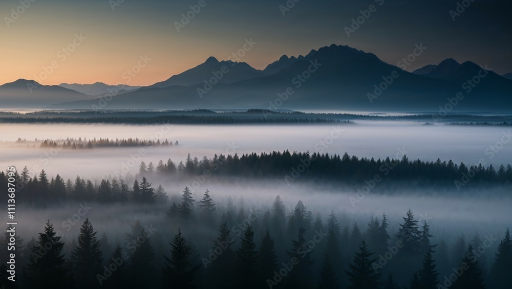 Misty morning sunrise paints the lake and mountains with golden hues, reflecting the beauty of nature's tranquility Misty morning sunrise paints the lake and mountains with golden hues, reflecting the beauty of nature's tranquility