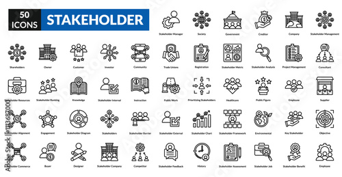 Stakeholder line icon collection set. Includes collaboration, partnership, influence, engagement, responsibility, expectation, feedback, impact, alignment, network, negotiation, leadership, community