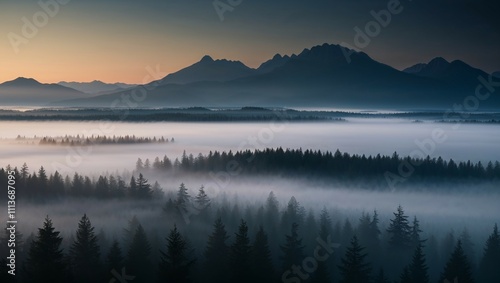 Misty morning sunrise paints the lake and mountains with golden hues, reflecting the beauty of nature's tranquility