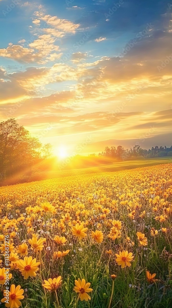 Obraz premium Stunning Sunrise Over a Field of Yellow Flowers