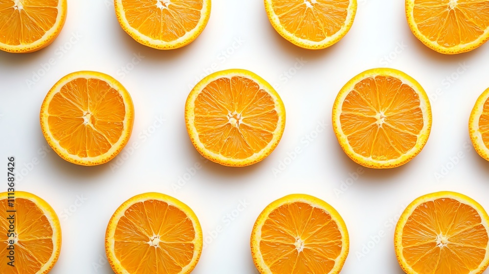Freshly sliced oranges arranged in a repeating pattern on a white background. Freshly sliced oranges arranged in a repeating pattern on a white background.