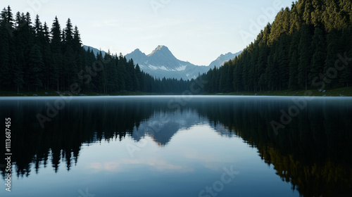 Sunrise over a serene lake surrounded by towering pine trees in a national park