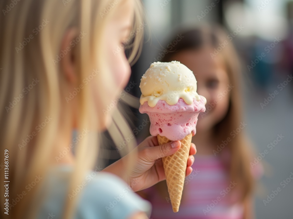 Two Children Enjoying Colorful Ice Cream Cones on a Sunny Day in a Bustling Outdoor Location Two Children Enjoying Colorful Ice Cream Cones on a Sunny Day in a Bustling Outdoor Location