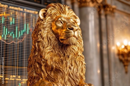 A majestic golden lion statue stands prominently, symbolizing strength and power, with a backdrop of financial graphs and opulent decor. photo