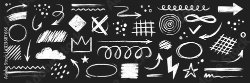 Arrow brush line chalk sketch texture brush vector set. Crayon marker scribble sketch stroke arrow element line brush hand drawn design. Texture abstract chalk, crayon style. Vector illustration
