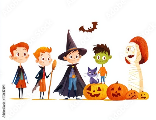 Charming Halloween Characters and Elements Illustrated in Watercolor.