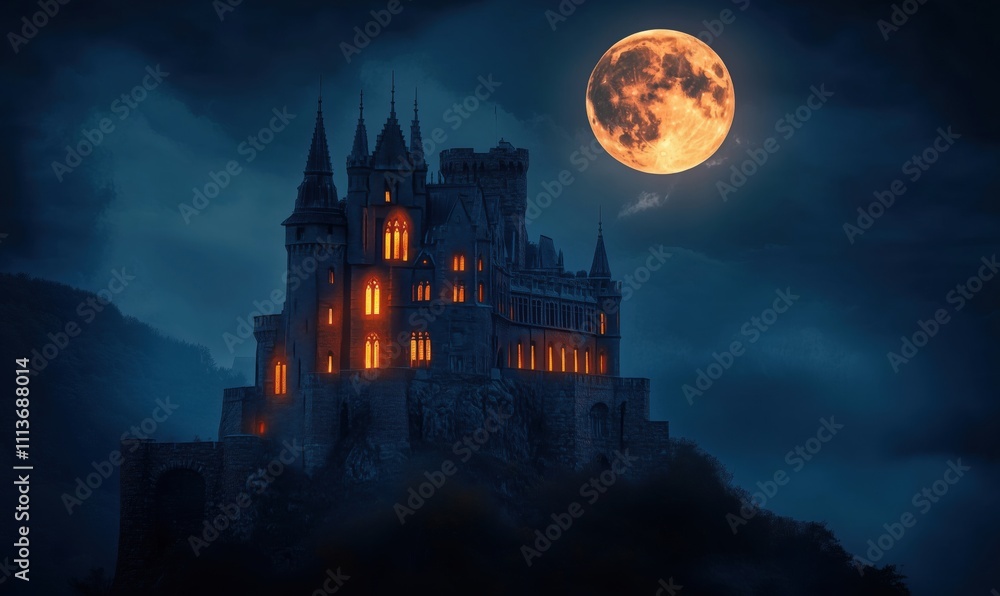 Haunting castle illuminated by moonlight, gothic architecture, dark clouds, eerie atmosphere, glowing windows, mystical landscape Haunting castle illuminated by moonlight, gothic architecture, dark clouds, eerie atmosphere, glowing windows, mystical landscape