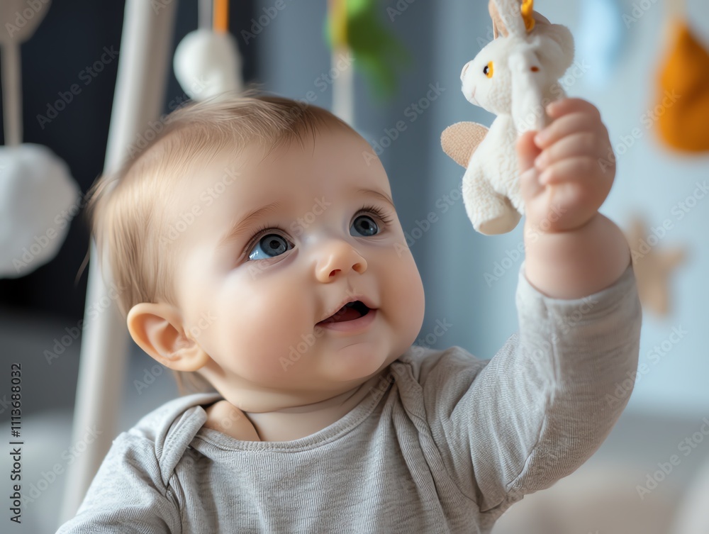 A baby reaching for an educational, nontoxic mobile