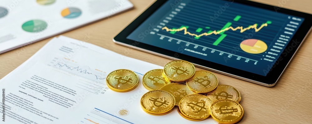 A tablet displaying financial charts alongside gold coins and a document, representing cryptocurrency investment and market analysis. A tablet displaying financial charts alongside gold coins and a document, representing cryptocurrency investment and market analysis.