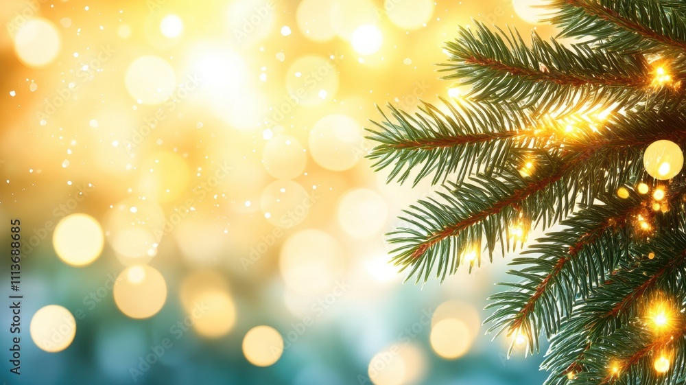 Sparkling snowladen evergreen branches with bokeh lights winter wonderland christmas decor soft glow close-up Sparkling snowladen evergreen branches with bokeh lights winter wonderland christmas decor soft glow close-up