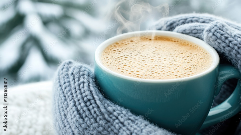 Warm woolen gloves holding a steaming coffee cup in a cozy winter setting inviting comfort and relaxation Warm woolen gloves holding a steaming coffee cup in a cozy winter setting inviting comfort and relaxation