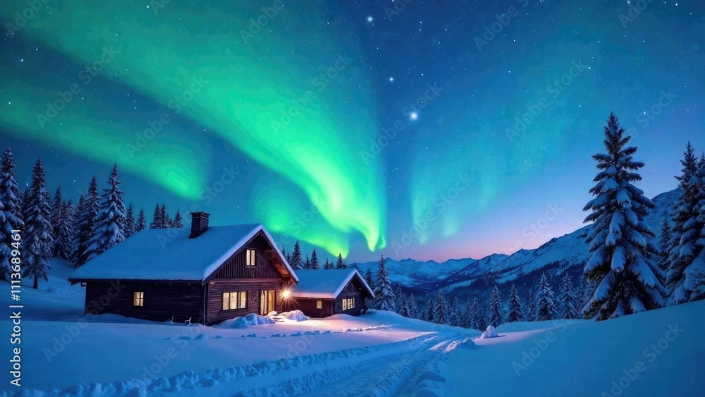 northern lights, houses under snow with a beautiful sky, free space for text on the left northern lights, houses under snow with a beautiful sky, free space for text on the left