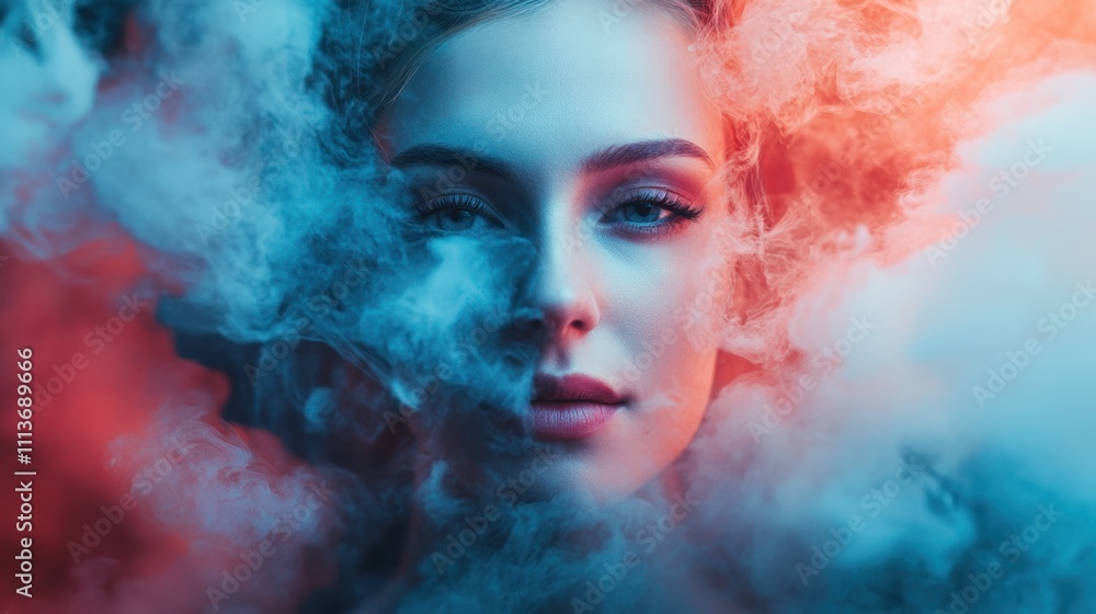 Woman's face partially obscured by colorful smoke. Woman's face partially obscured by colorful smoke.
