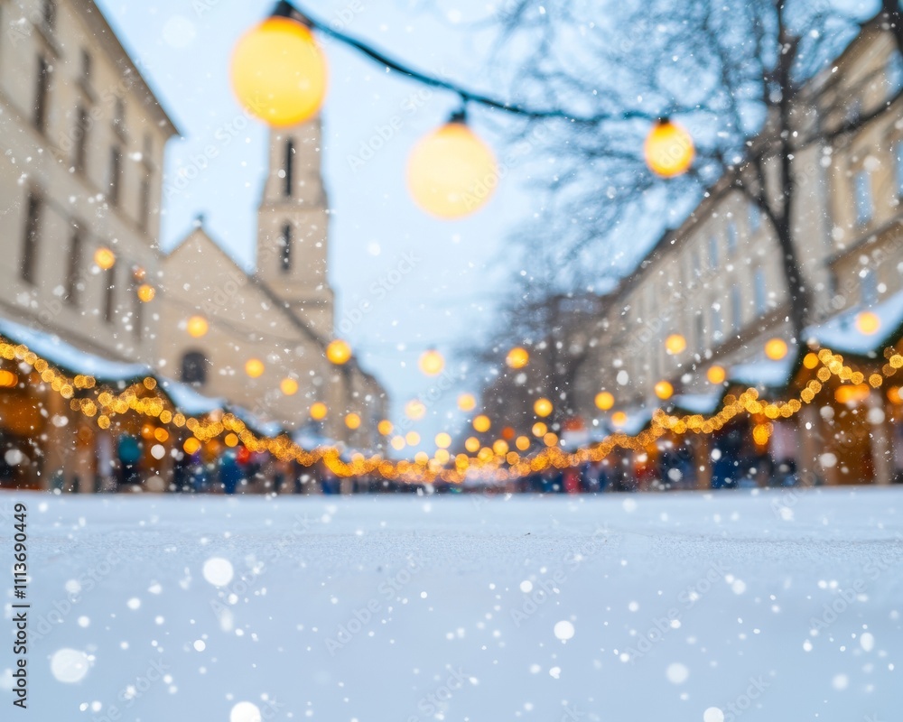 Obraz premium Enchanting Winter Travel Bustling Christmas Market in Snowy Town Square - Perfect for Halloween and New Years Festivities