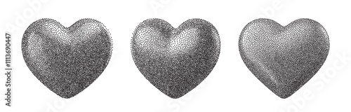 Stippling dotted 3D heart shapes for trendy y2k Valentines day retro collage. Set of vector textured photocopy effect hearts