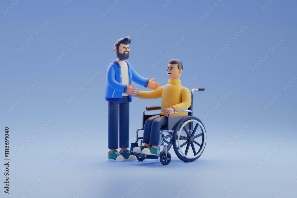 Man in a wheelchair being greeted by a friend Man in a wheelchair being greeted by a friend