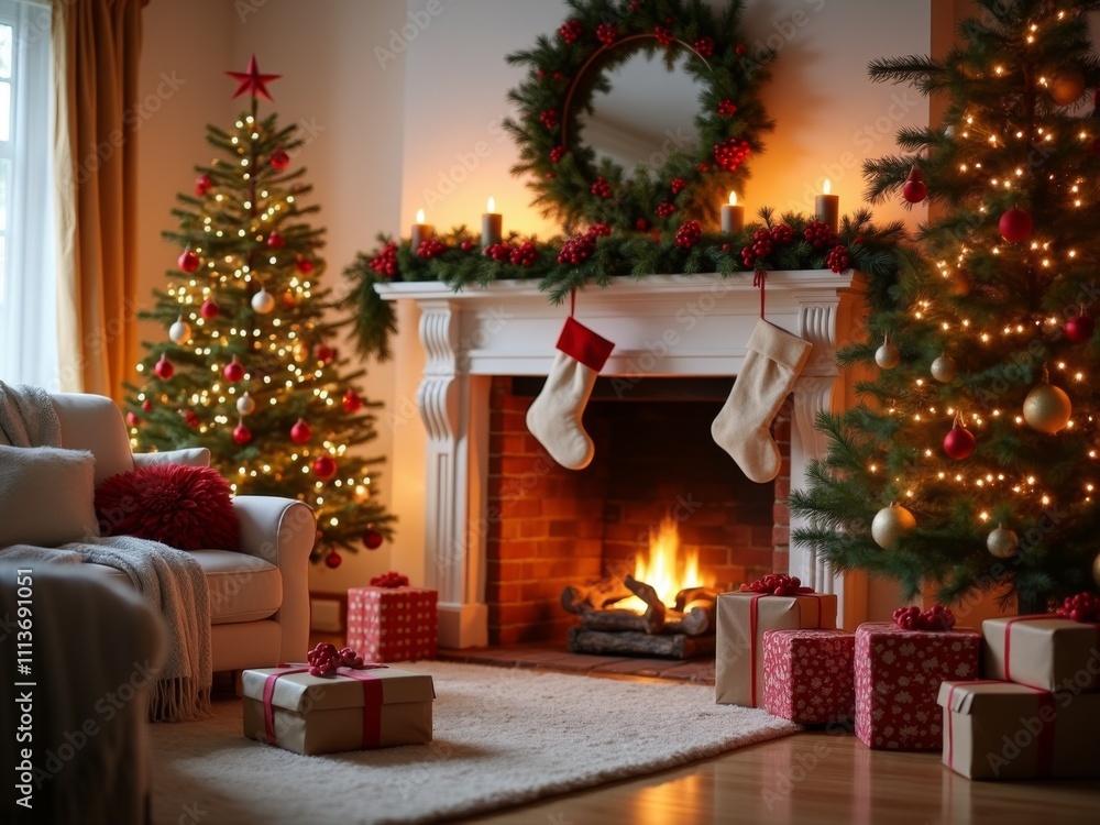 Modern Minimalist Living Room with a Christmas Tree and Elegant Décor Modern Minimalist Living Room with a Christmas Tree and Elegant Décor