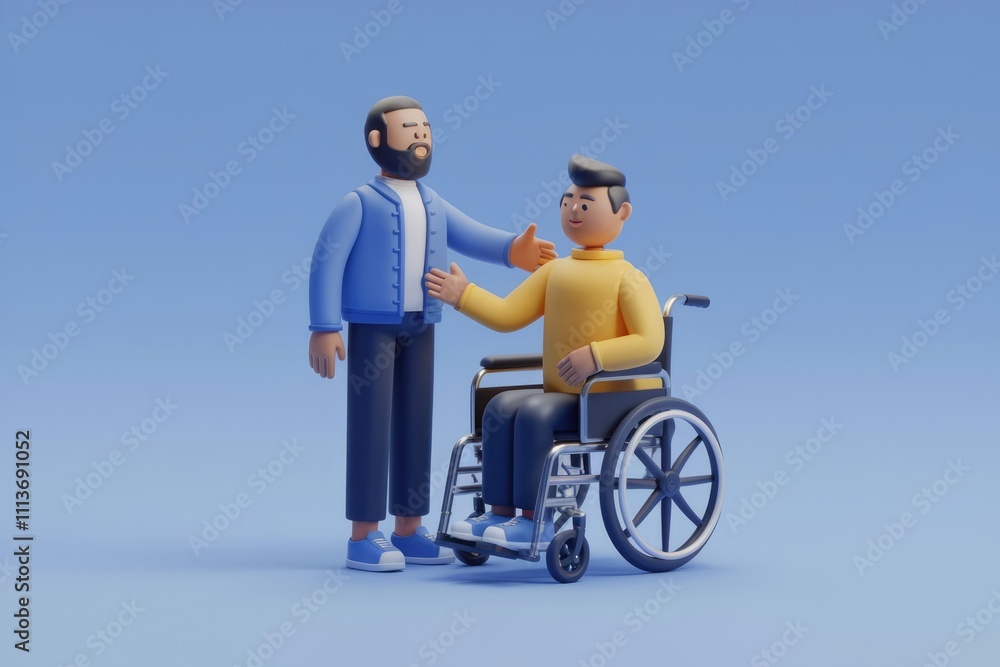 A man in a wheelchair is being helped by another man. A man in a wheelchair is being helped by another man.