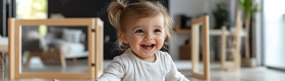 A toddler playing in a room with safety gates and padded corners A toddler playing in a room with safety gates and padded corners