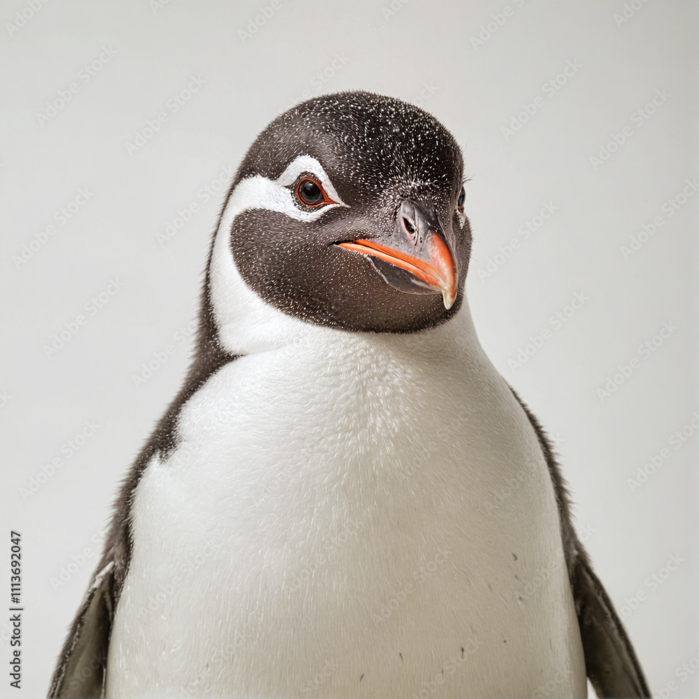 Naklejka premium a Gentoo penguin (Pygoscelis papua) with its white black and orange feathers standing out against a white background.