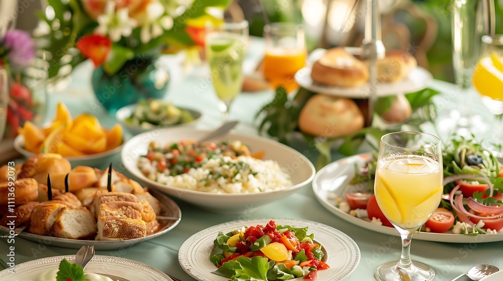 An inviting brunch table with a variety of colorful dishes and drinks An inviting brunch table with a variety of colorful dishes and drinks