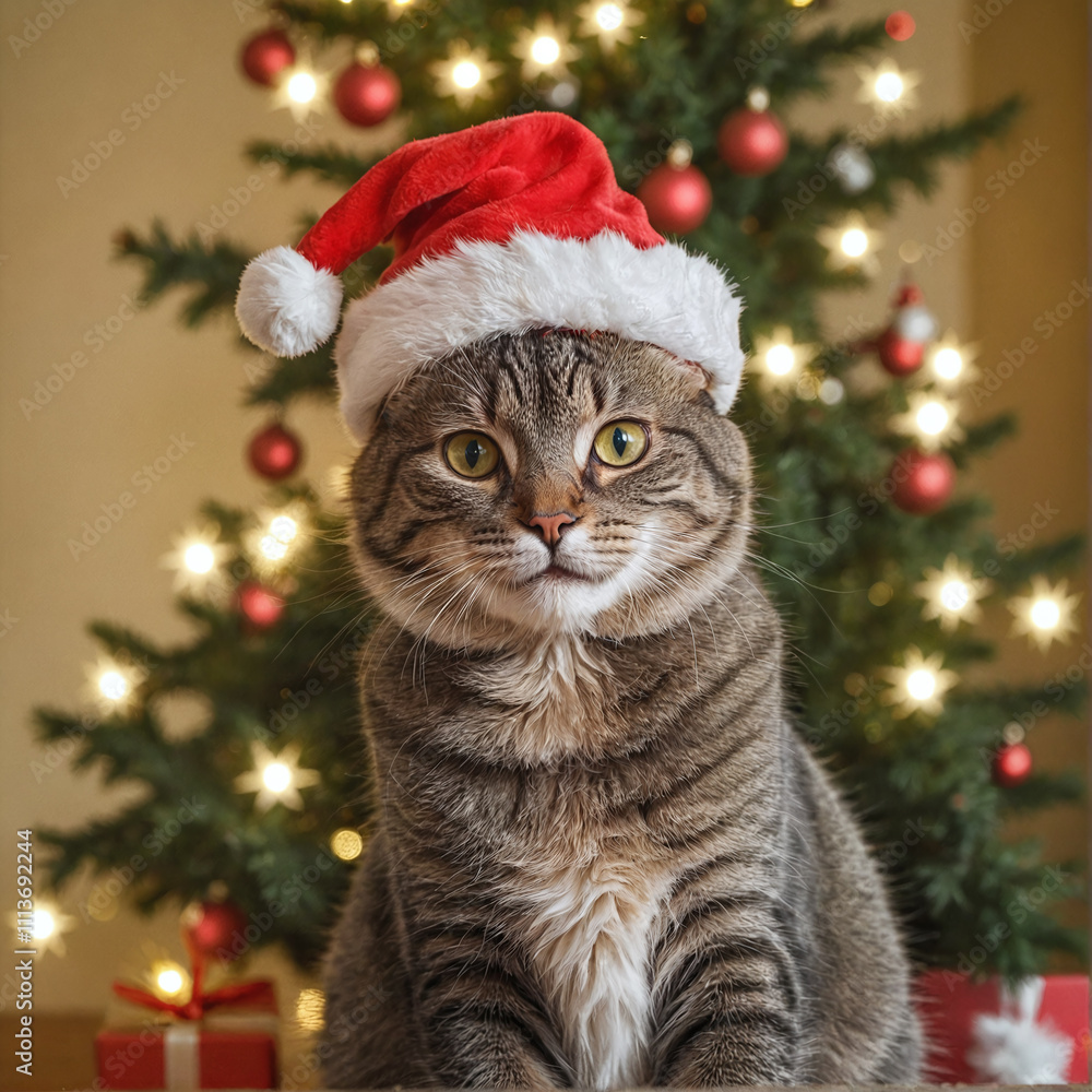 a cat wearing a Santa hat sitting in front of a Christmas tree adorned with lights and gift boxes with a wall in the background. a cat wearing a Santa hat sitting in front of a Christmas tree adorned with lights and gift boxes with a wall in the background.