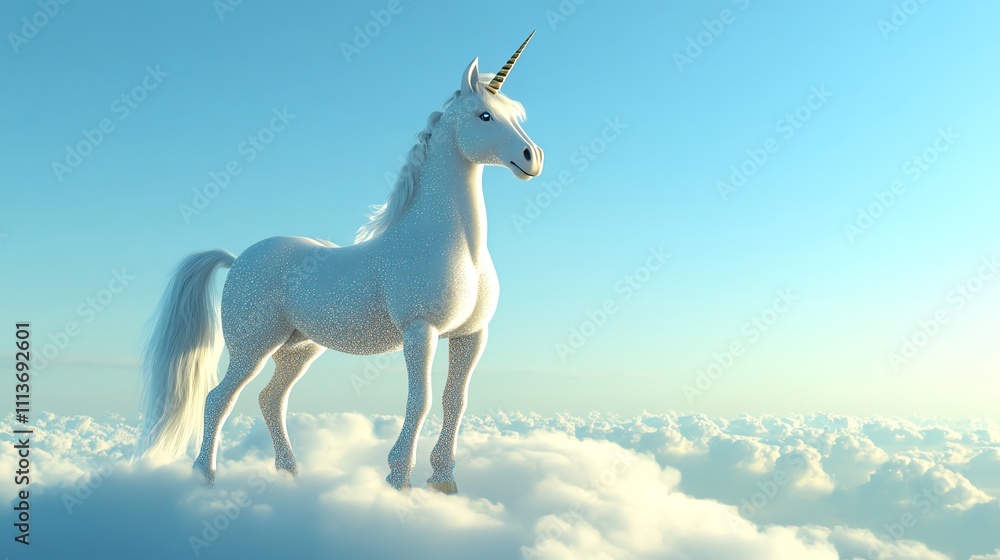 Obraz premium A majestic white unicorn standing on a cloud with a blue sky background.