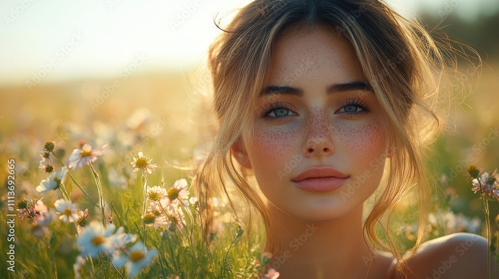 Beautiful Woman Smiling in Flower Field Natural Light Portrait Beautiful Woman Smiling in Flower Field Natural Light Portrait