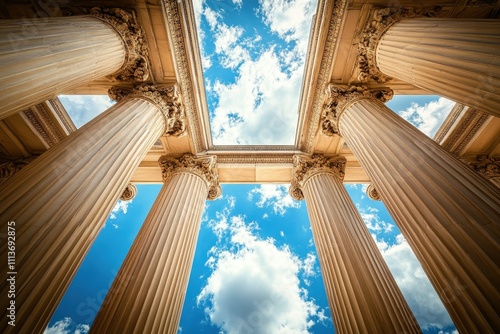 Impressive classical columns frame a bright blue sky. Ideal for concepts of strength, legacy, and architectural design.