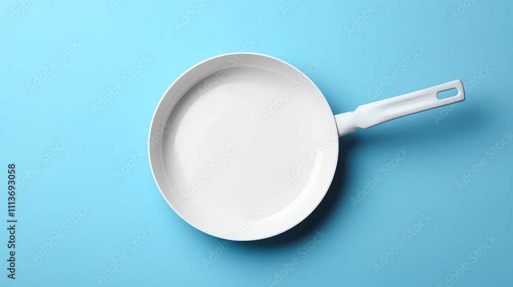 Empty white frying pan on a blue background. Empty white frying pan on a blue background.