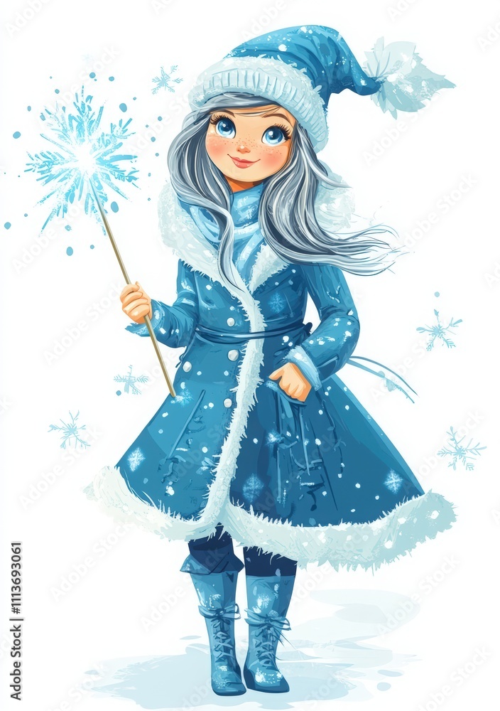 Cartoon vector of the Russian Snow Maiden in a blue dress with white fur, holding a magic wand against a plain background. Merry Christmas and Happy New Year Cartoon vector of the Russian Snow Maiden in a blue dress with white fur, holding a magic wand against a plain background. Merry Christmas and Happy New Year