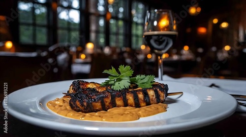 Grilled Chicken Skewer with Creamy Peanut Sauce at a Upscale Restaurant photo