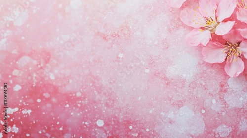 Delicate pink cherry blossoms rest on a glittering pink surface, creating a romantic and dreamy floral composition.