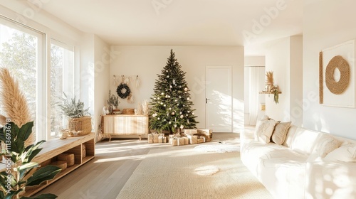 Cozy and Bright Minimalist Living Room with Christmas Tree and Natural Decor, Featuring Warm Lighting and Holiday Gifts Under the Tree