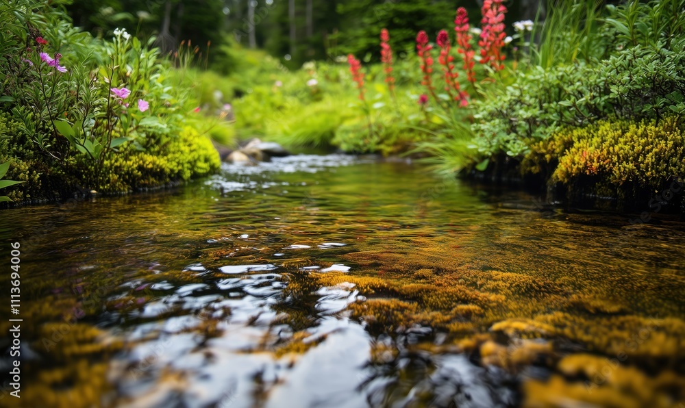 Tranquil stream surrounded by vibrant flora, clear water reflecting greenery, colorful flowers, lush vegetation, peaceful nature scene Tranquil stream surrounded by vibrant flora, clear water reflecting greenery, colorful flowers, lush vegetation, peaceful nature scene