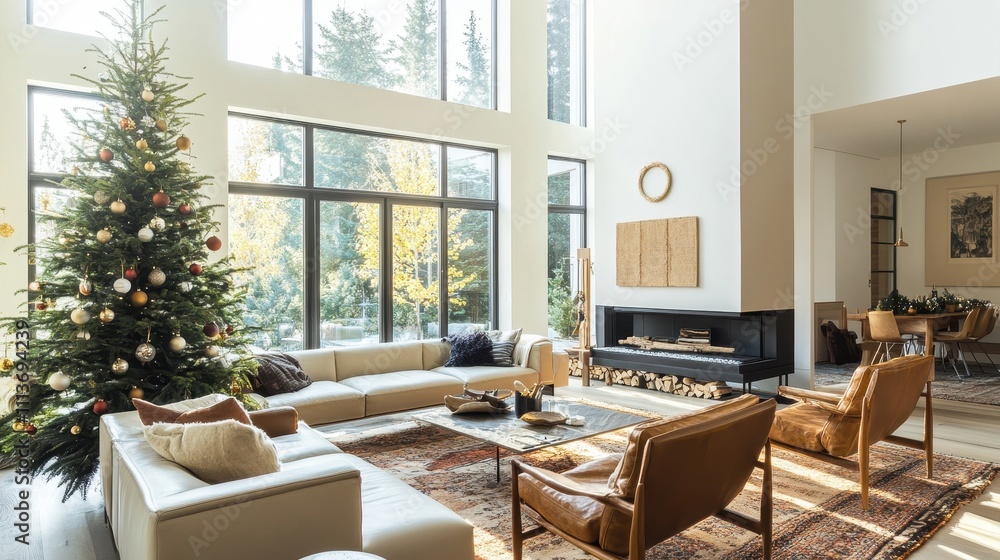Obraz premium Cozy Modern Living Room with Christmas Tree, Stylish Furniture, Large Windows, and Festive Atmosphere in Bright Contemporary Home Interior