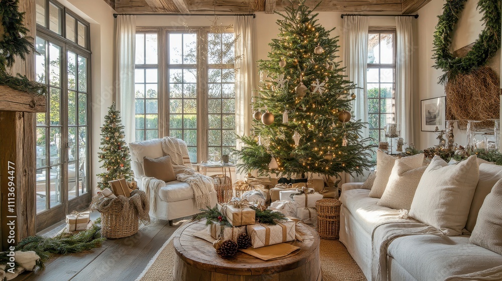 Cozy and Inviting Holiday Living Room Decorated with a Christmas Tree and Warm Tones, Perfect for Seasonal Celebrations and Family Gatherings Cozy and Inviting Holiday Living Room Decorated with a Christmas Tree and Warm Tones, Perfect for Seasonal Celebrations and Family Gatherings