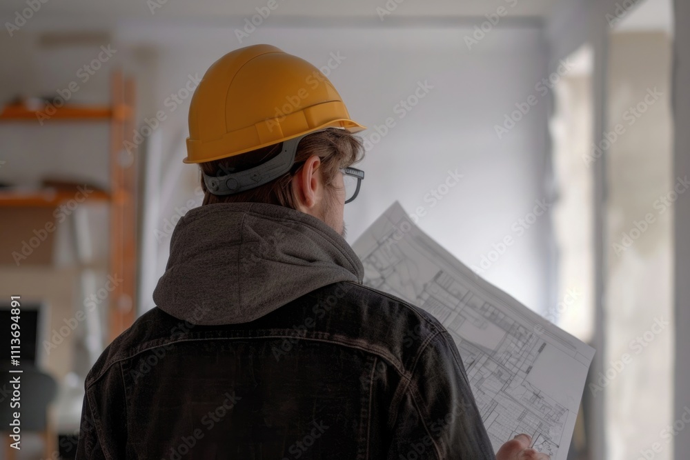 Smart architect examining draft during work Smart architect examining draft during work