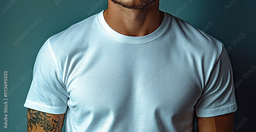 Blank T-shirt mockup, A young man in a white T-shirt is in the background. mockup for design Blank T-shirt mockup, A young man in a white T-shirt is in the background. mockup for design