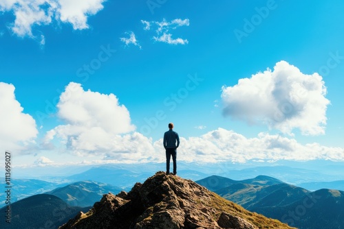 A person stands atop a mountain peak, gazing at the expansive landscape under a bright blue sky with fluffy clouds.