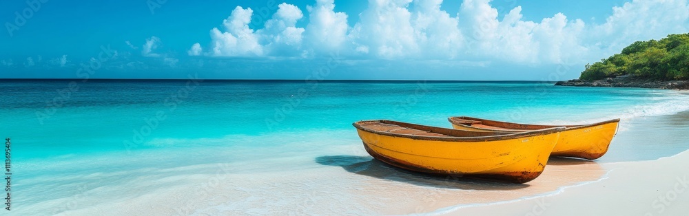 Naklejka premium Bright yellow boats resting on white sandy beach under a clear blue sky at a tropical seaside location