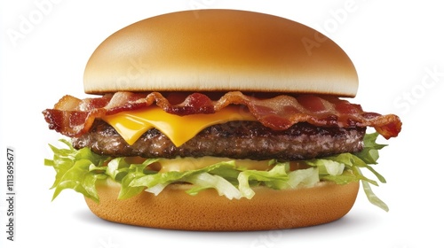 Juicy bacon cheeseburger with lettuce on a sesame seed bun. photo