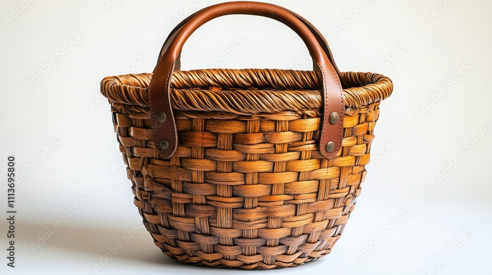 a wicker basket with leather handles a wicker basket with leather handles