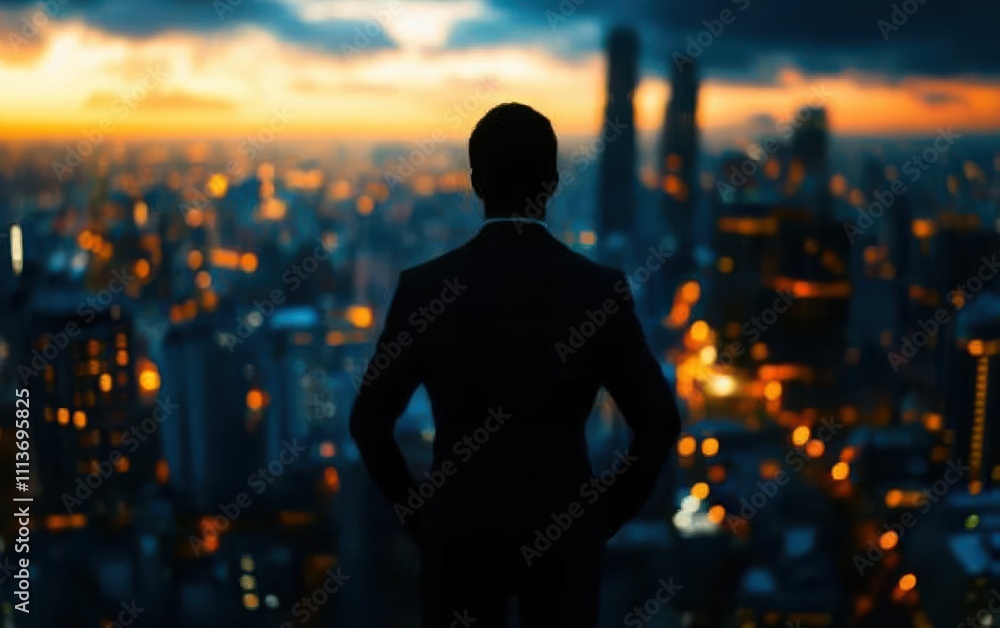 A silhouette of a man in a suit gazes over a vibrant city skyline at sunset, highlighting ambition and urban life. A silhouette of a man in a suit gazes over a vibrant city skyline at sunset, highlighting ambition and urban life.