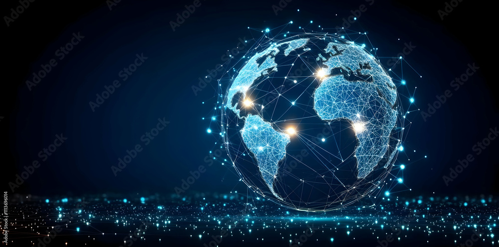 Obraz premium A digital globe with interconnected lines and nodes, symbolizing global connectivity.