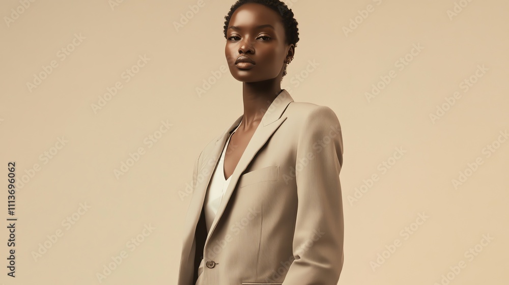 Obraz premium A black woman with short hair wears a beige blazer and looks at the camera.